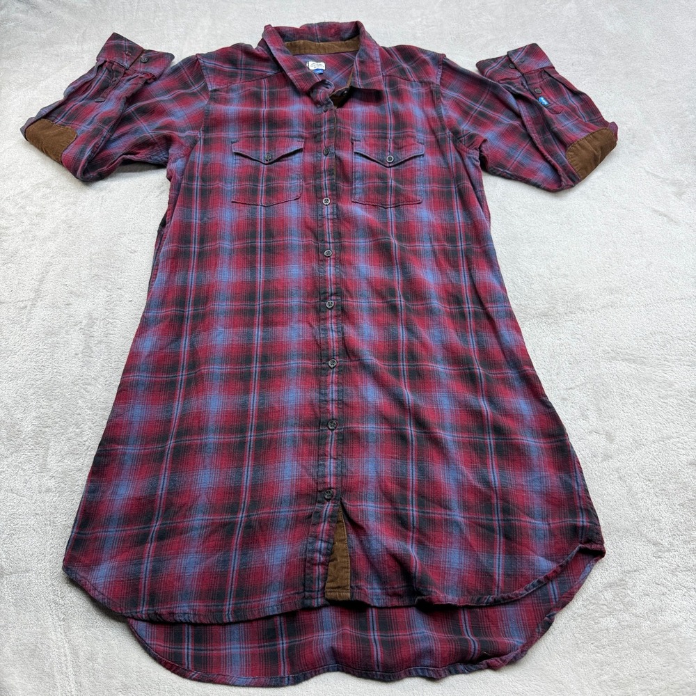KAVU Shirt Dress Women's XL Red Blue Plaid Flannel Cabincore Rustic Lumberjack